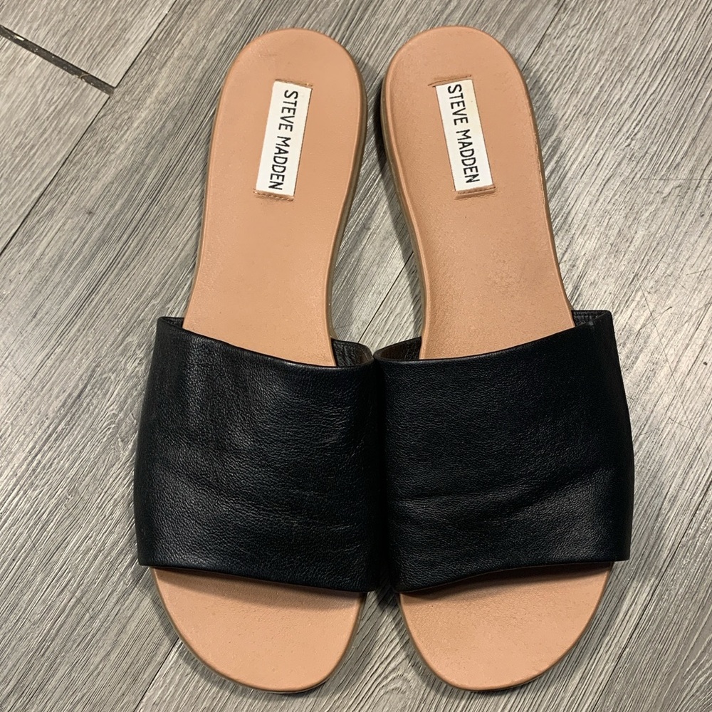 Steve Madden Black Leather Slide Flat Sandals size 11